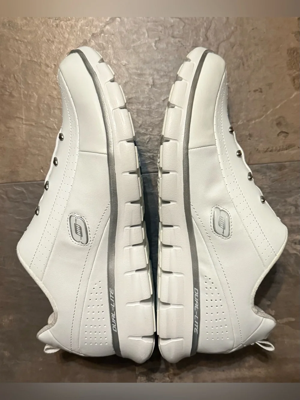 NWOT Skechers Women’s White Slip-On Casual Sneakers (w/ initials on Blue Insole)